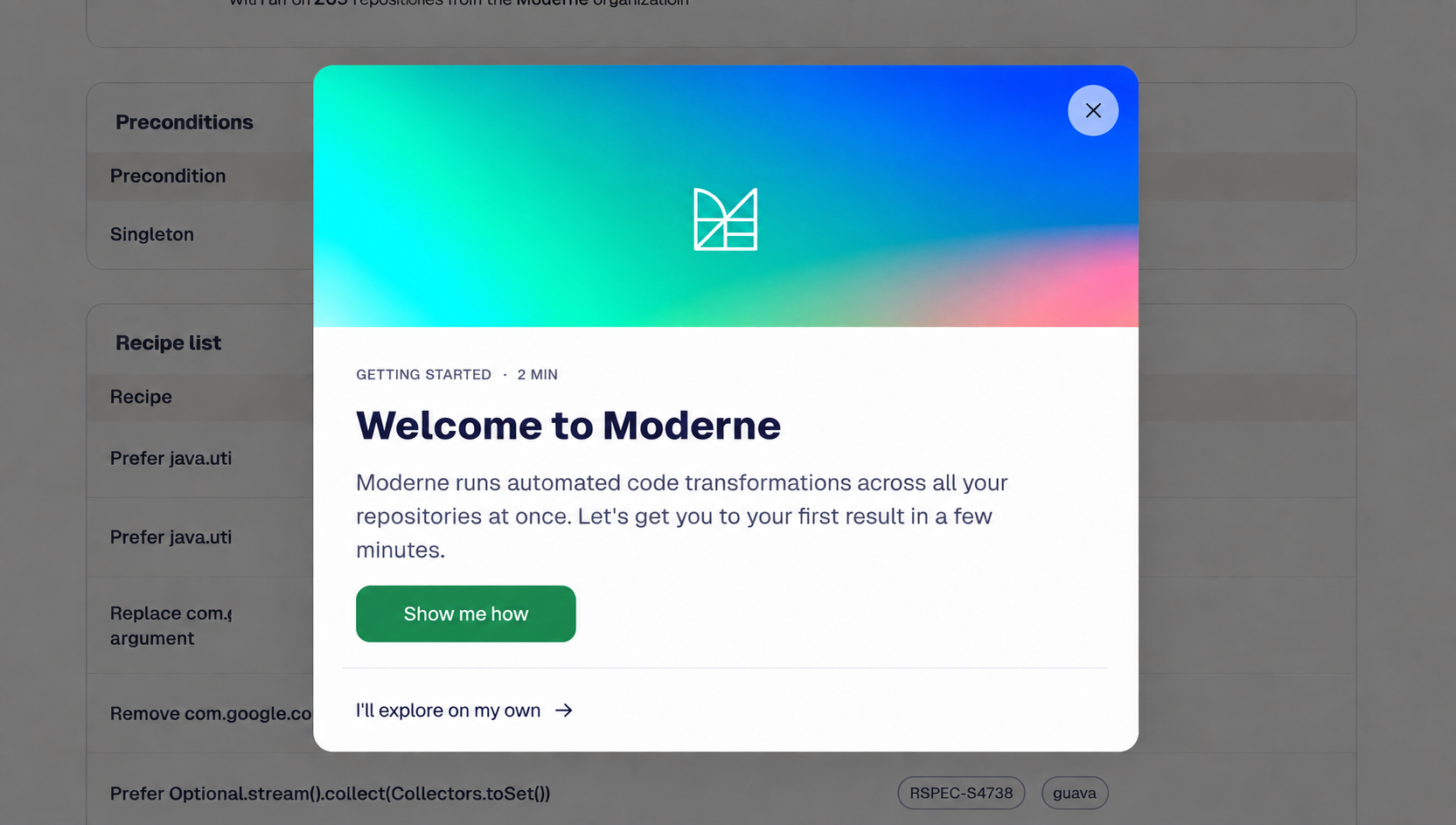 Welcome to Moderne modal using supplied teal and blue artwork in a contained header above a plain content surface